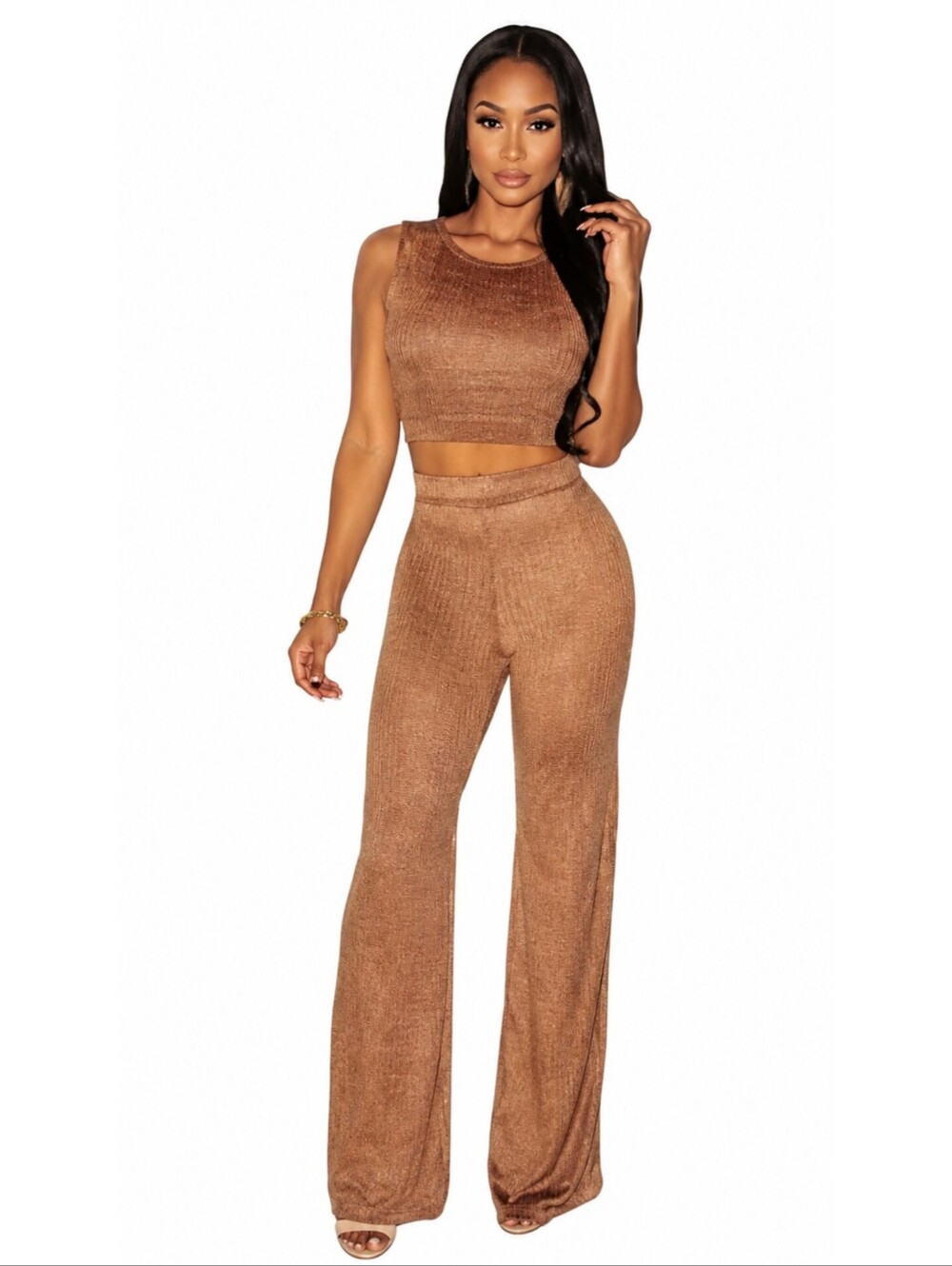 Vintage Mocha Suede Two Piece Pants Set - Crop Top